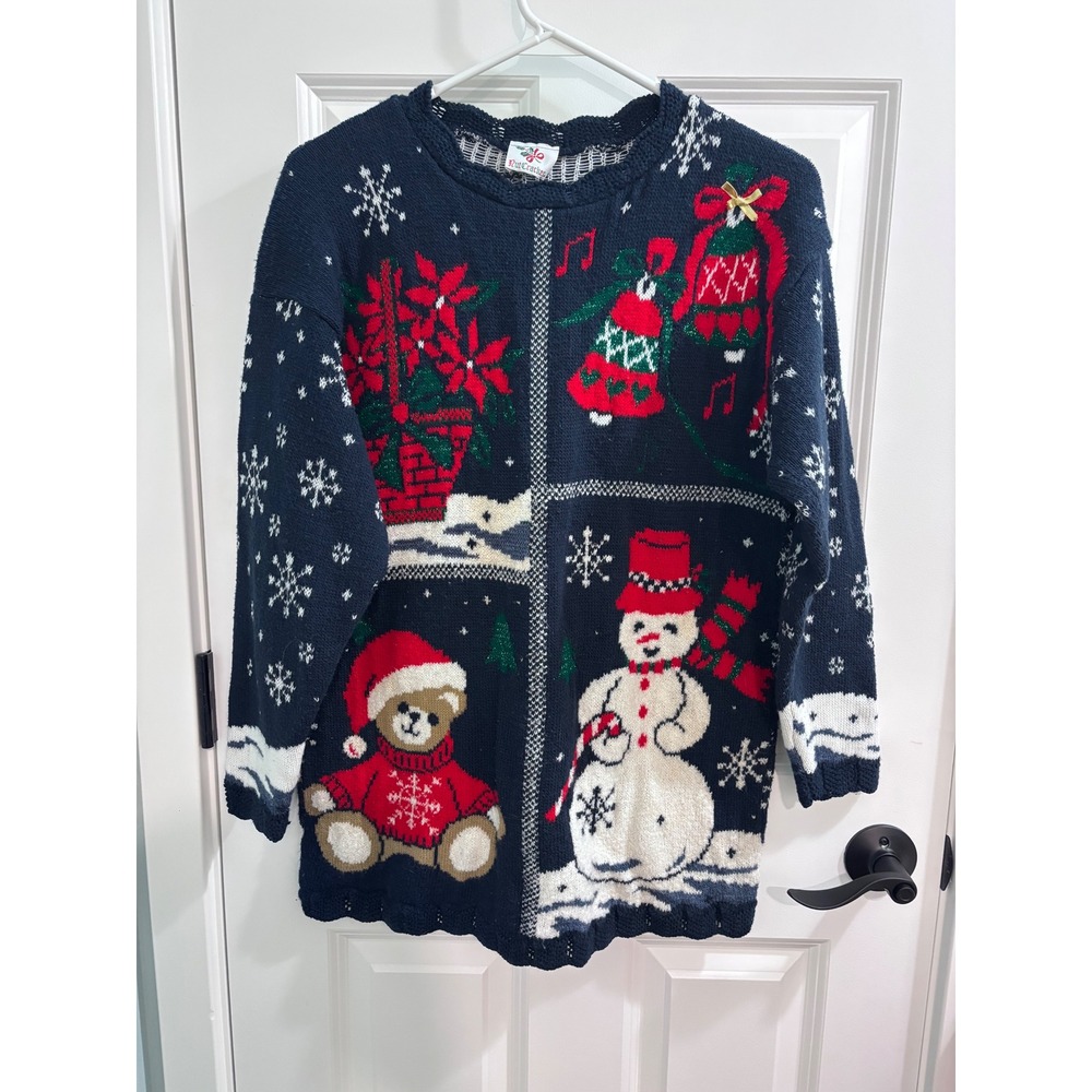 Vintage Nutcracker Christmas Sweater Navy Blue Snowman Teddy Bear Medium USA